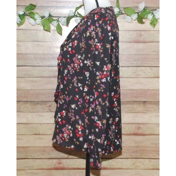Ann Taylor Ladies Black Floral Long Sleeve Blouse Size S Button Up Ruffle Front - Picture 5 of 10